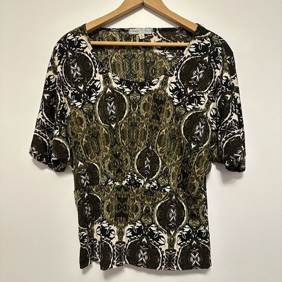 Vintage Suzie Top Size L Green Stretch Y2K Fairy Romantic Top Abstract Print - Picture 1 of 6